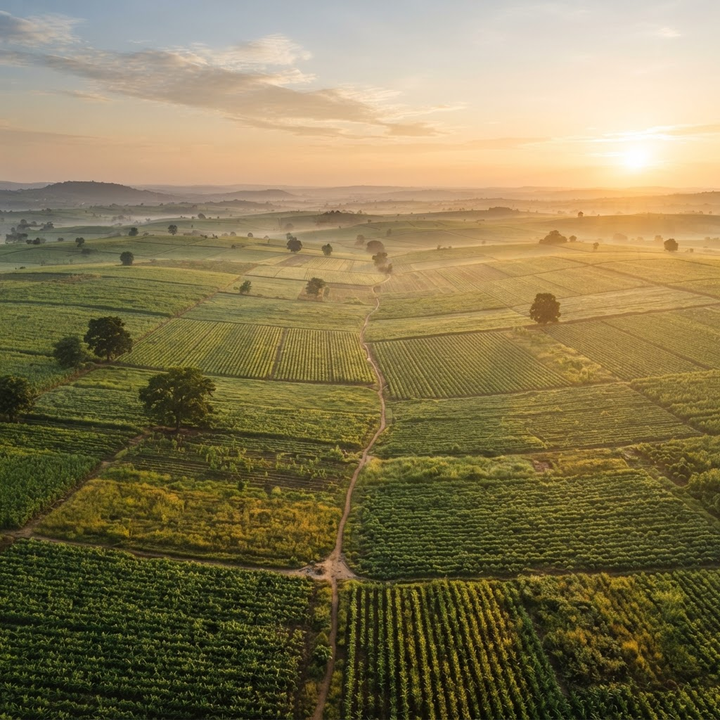 Aerial view of expansive Nigerian farmland at golden sunrise