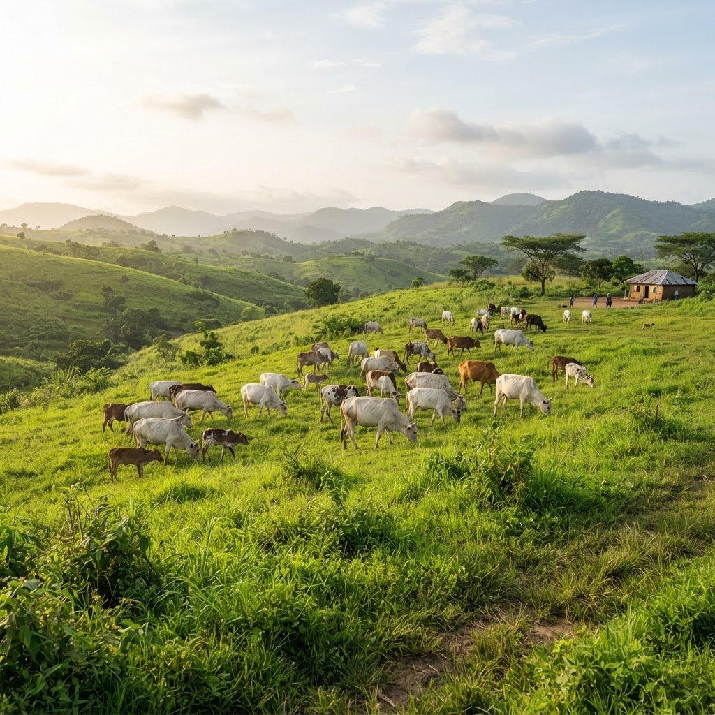 Cattle grazing on lush green pasture land in Nigeria